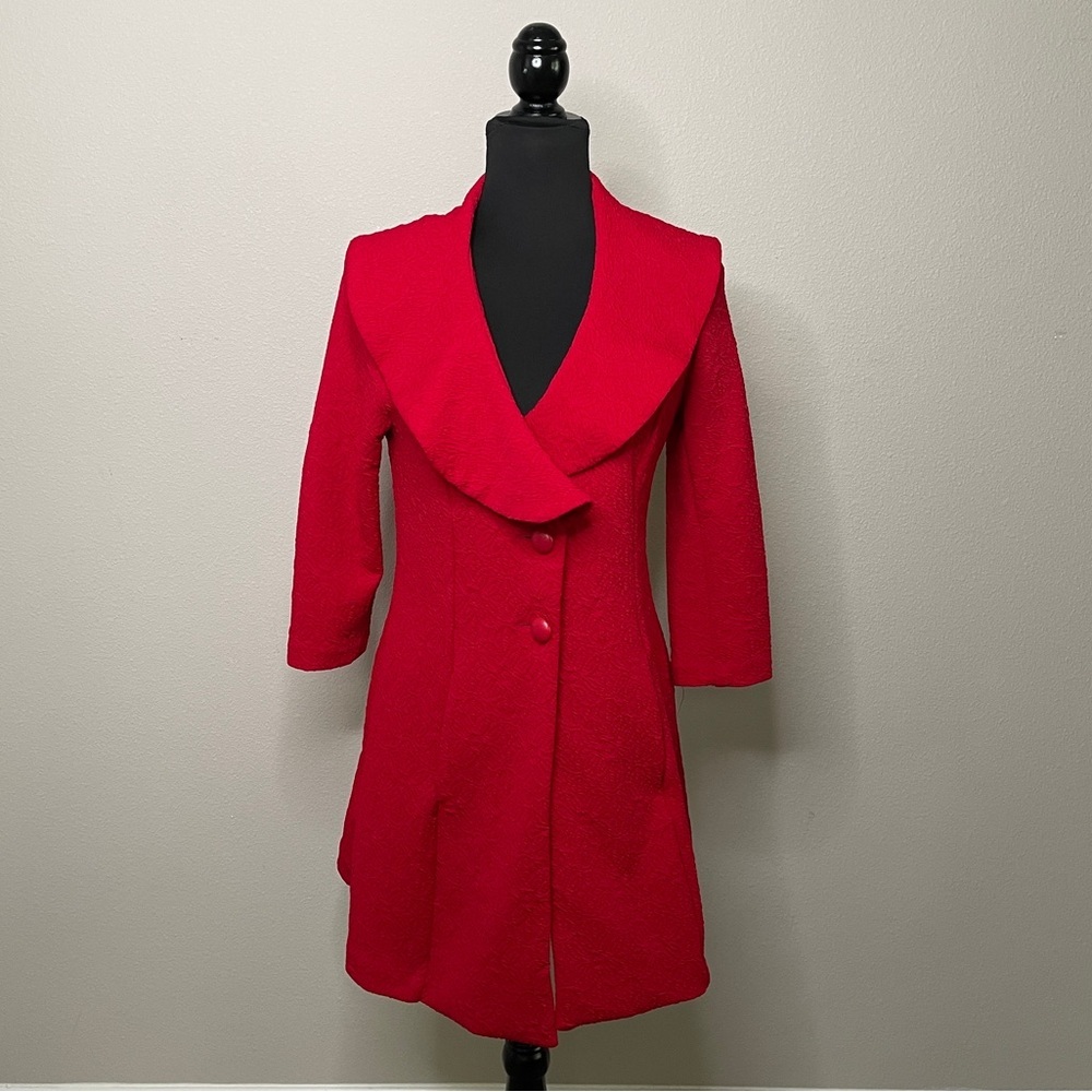 Red Shawl Collar Dress Coat Textured Long Blazer Jacket | Size Medium
